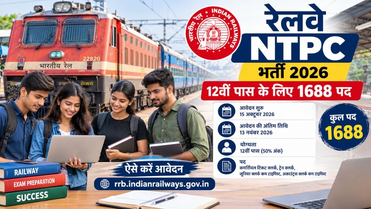 Railway NTPC Recruitment 2026: 12वीं पास के लिए 1688 पदों पर भर्ती, 13 नवंबर तक करें आवेदन
